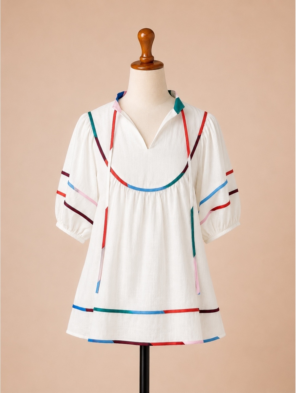 Cicy Bell White Puff Sleeve Blouse Colorblock Trim Size Medium